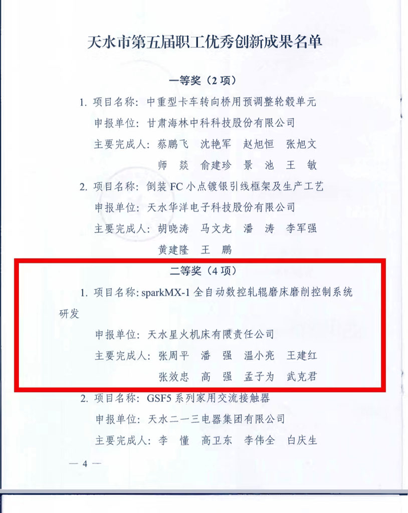 星火機床公司創(chuàng)新成果及個人受到市總表彰